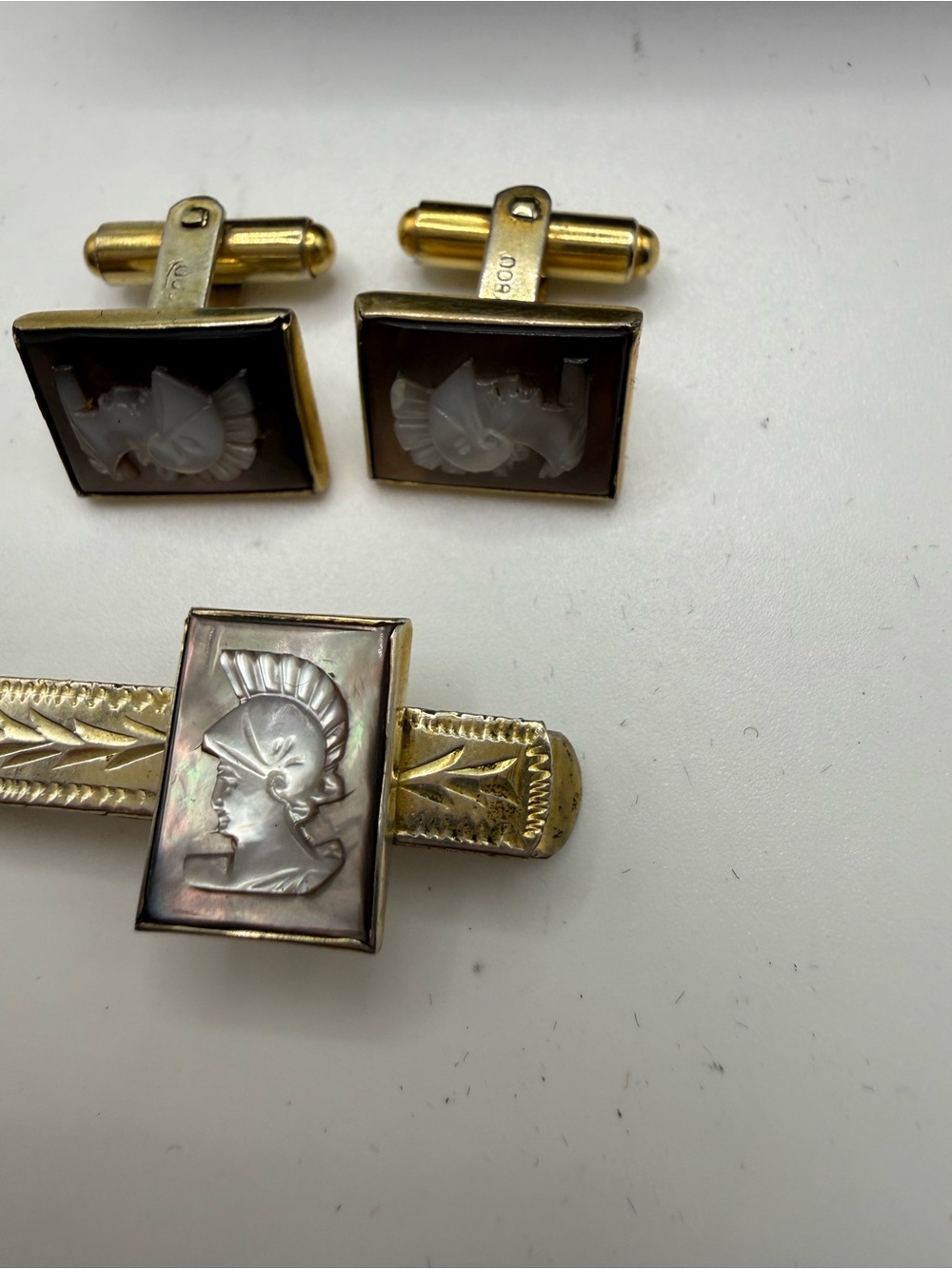 Antique 10k Gold Sterling Cameo Warrior Cufflinks Tie Bar